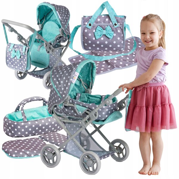 Doris 3 in 1 grauer Puppenwagen mit Kinderbett, Tasche und Wickelauflage