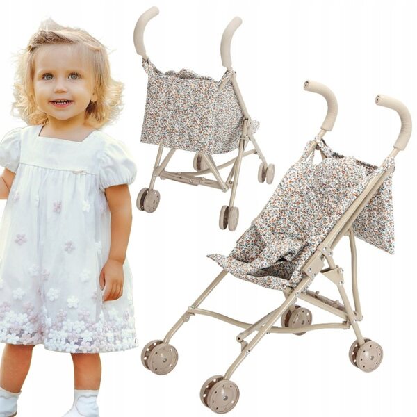Leichter, faltbarer Kinderwagen für Woopie-Puppen, verziert mit beigen Blumen