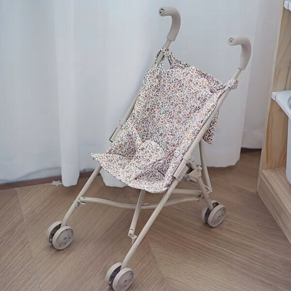 Leichter, faltbarer Kinderwagen für Woopie-Puppen, verziert mit beigen Blumen
