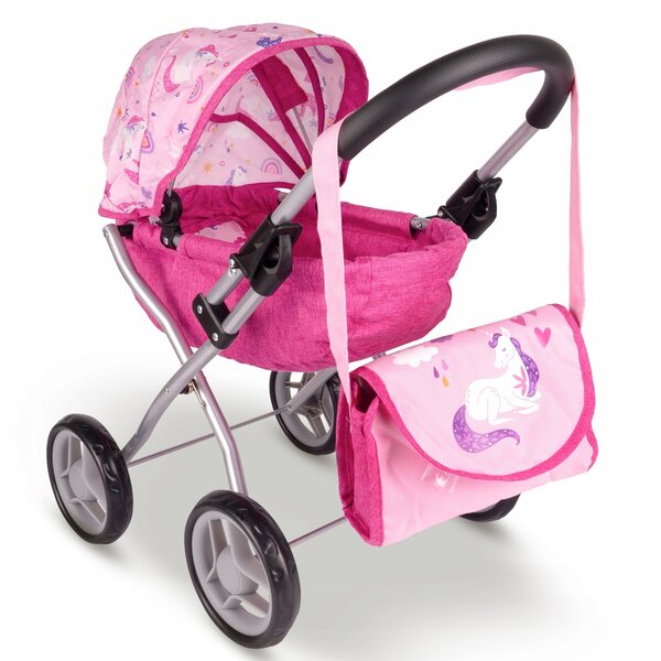 Ein tiefer Puppenwagen mit verstellbarem Dach, Tasche und großen, leisen Rädern