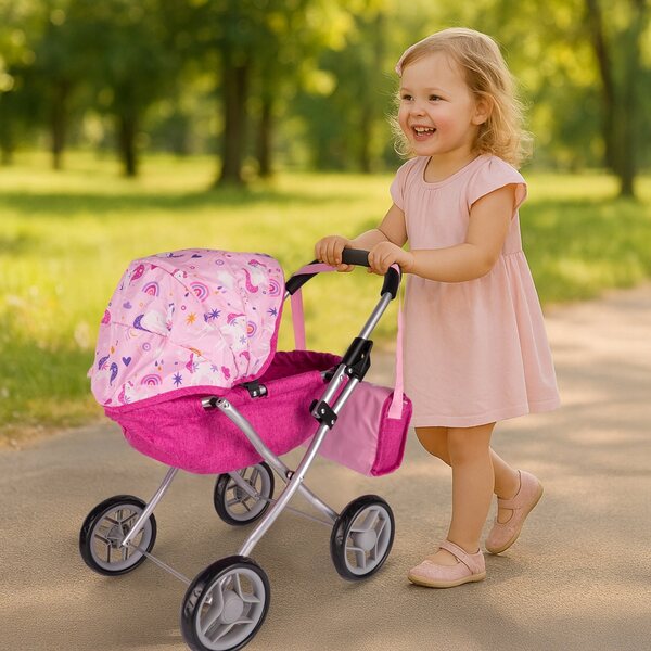 Ein tiefer Puppenwagen mit verstellbarem Dach, Tasche und großen, leisen Rädern