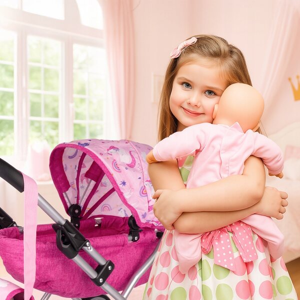 Ein tiefer Puppenwagen mit verstellbarem Dach, Tasche und großen, leisen Rädern
