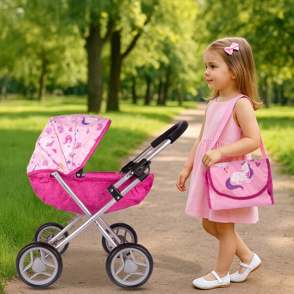 Ein tiefer Puppenwagen mit verstellbarem Dach, Tasche und großen, leisen Rädern