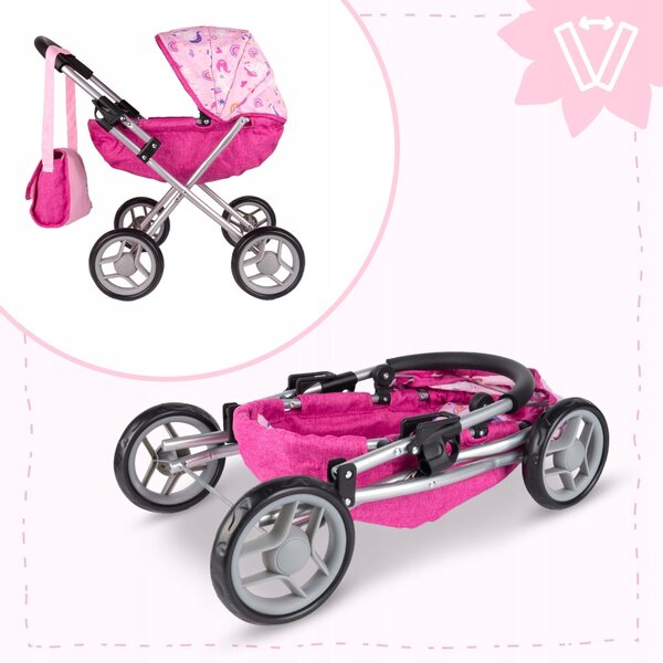 Ein tiefer Puppenwagen mit verstellbarem Dach, Tasche und großen, leisen Rädern