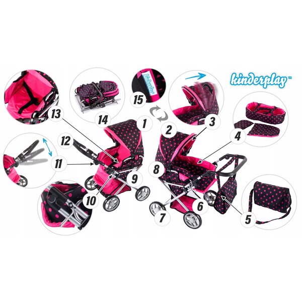 Trio 3-in-1-Kinderwagen für Kinderplay-Puppen mit Metallstruktur und Schaumstoffrädern
