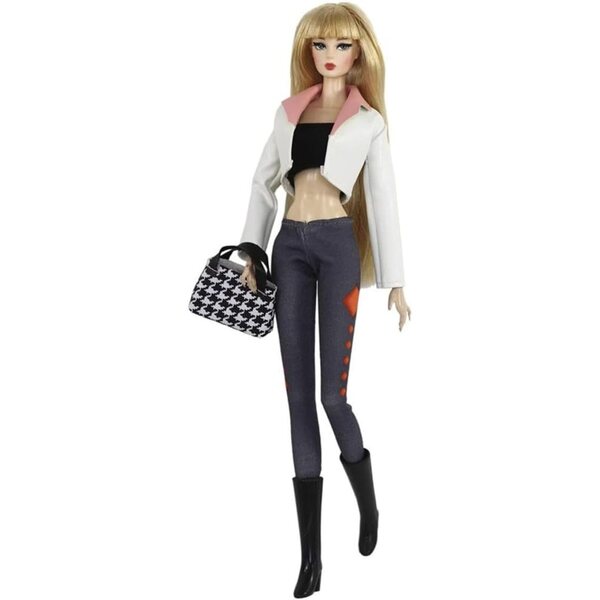 Lässiges Outfit für amerikanische Puppe 30 cm, 5-teilig: Lederjacke, Oberteil, Hose, Tasche