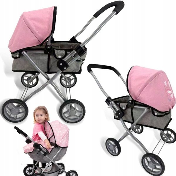 Rosafarbener 2-in-1-Puppenwagen mit Schmetterlingsmotiv und stabilem Metallgestell