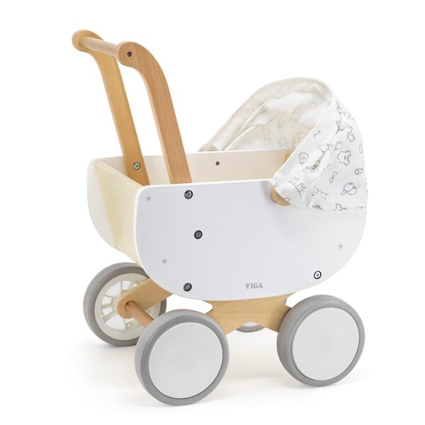 Viga White Doll Puppenwagen aus Holz mit Verdeck und rutschfesten Rädern