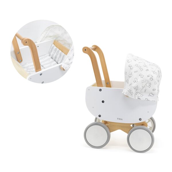 Viga White Doll Puppenwagen aus Holz mit Verdeck und rutschfesten Rädern