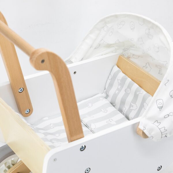 Viga White Doll Puppenwagen aus Holz mit Verdeck und rutschfesten Rädern