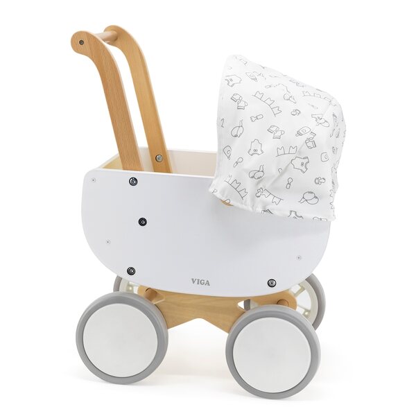 Viga White Doll Puppenwagen aus Holz mit Verdeck und rutschfesten Rädern