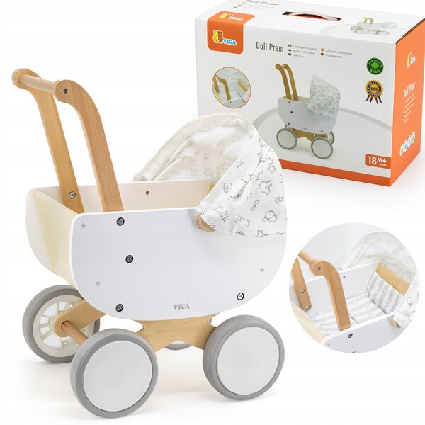 Viga White Doll Puppenwagen aus Holz mit Verdeck und rutschfesten Rädern