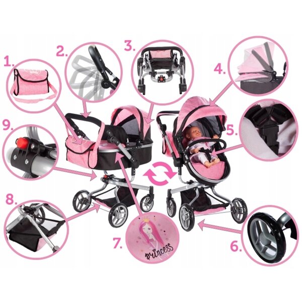 2in1 Puppenwagen, tiefer Stator und verstellbarer Kinderwagen mit Tasche