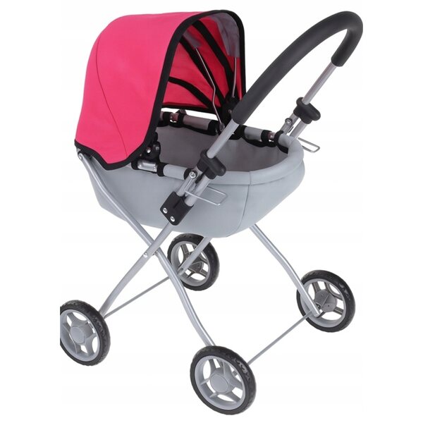 Tiefer Spielzeug-Kinderwagen aus Metall für Puppen mit Baldachin und Schaumstoffrädern