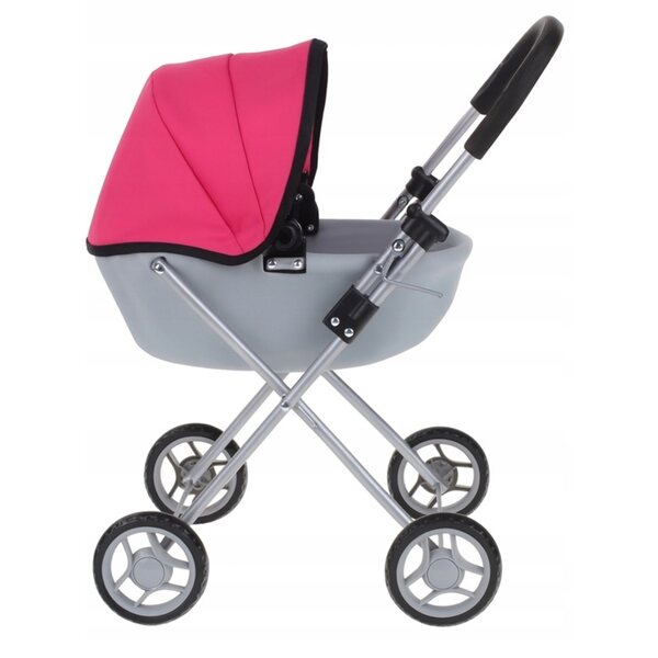 Tiefer Spielzeug-Kinderwagen aus Metall für Puppen mit Baldachin und Schaumstoffrädern