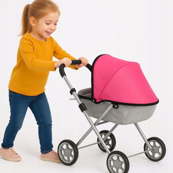 Tiefer Spielzeug-Kinderwagen aus Metall für Puppen mit Baldachin und Schaumstoffrädern