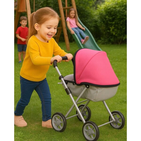 Tiefer Spielzeug-Kinderwagen aus Metall für Puppen mit Baldachin und Schaumstoffrädern