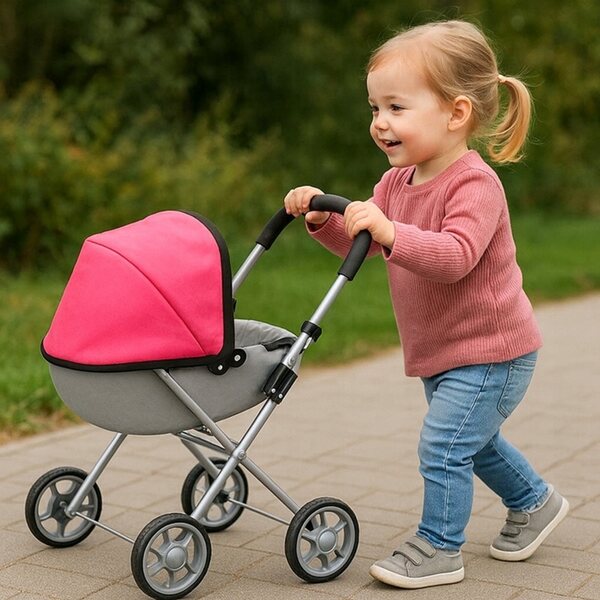 Tiefer Spielzeug-Kinderwagen aus Metall für Puppen mit Baldachin und Schaumstoffrädern