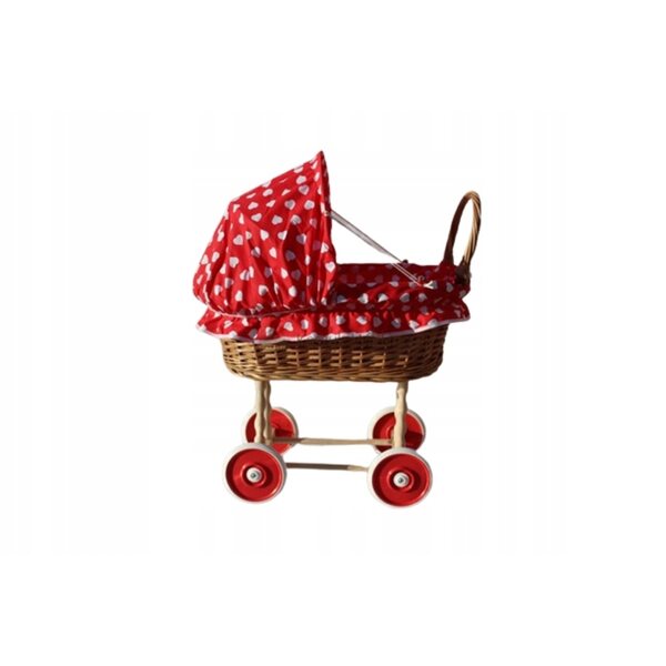 Puppenwagen aus Korbgeflecht mit roten Vintage-Herzen für Kinder ab 12 Monaten