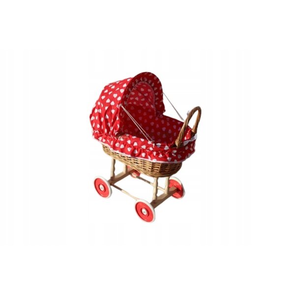 Puppenwagen aus Korbgeflecht mit roten Vintage-Herzen für Kinder ab 12 Monaten