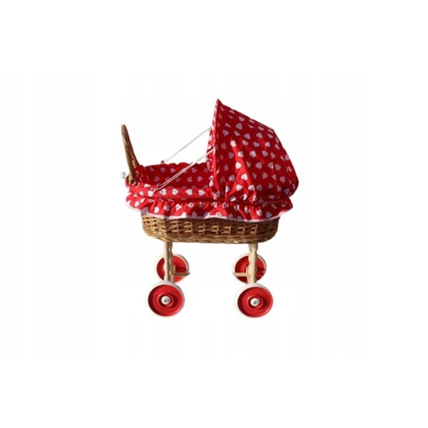 Puppenwagen aus Korbgeflecht mit roten Vintage-Herzen für Kinder ab 12 Monaten