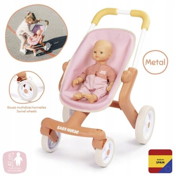 Smoby Baby Nurse Puppenwagen mit um 360° drehbaren Rädern, leicht und einfach zu reinigen