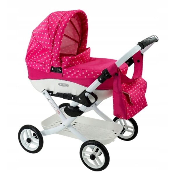 Ein tiefer Kinderwagen für die polnische Adbor Lola-Puppe mit Tasche und Korb
