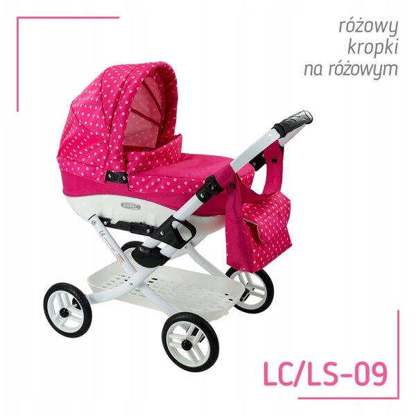 Ein tiefer Kinderwagen für die polnische Adbor Lola-Puppe mit Tasche und Korb