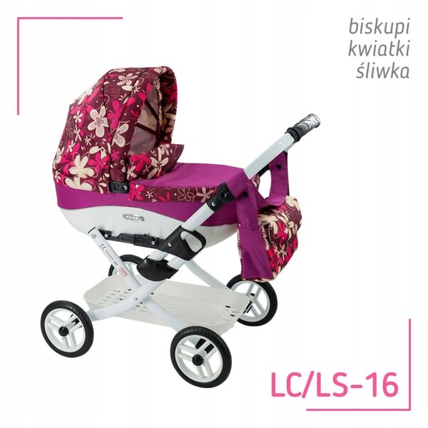 Ein tiefer Kinderwagen für die polnische Adbor Lola-Puppe mit Tasche und Korb