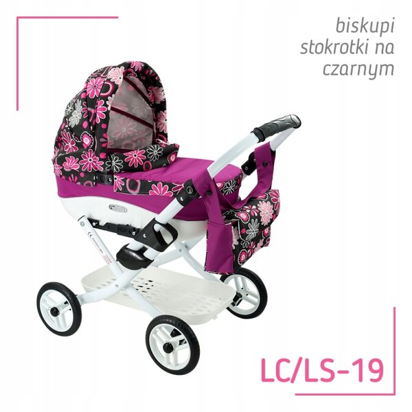 Ein tiefer Kinderwagen für die polnische Adbor Lola-Puppe mit Tasche und Korb