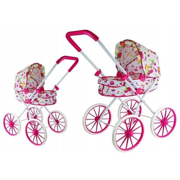 Dunkelrosa Puppenwagen mit Blumenmuster und großen Rädern