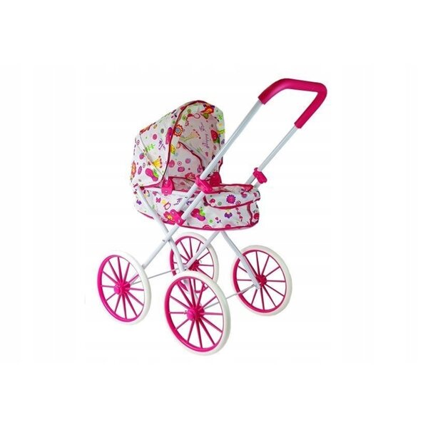 Dunkelrosa Puppenwagen mit Blumenmuster und großen Rädern