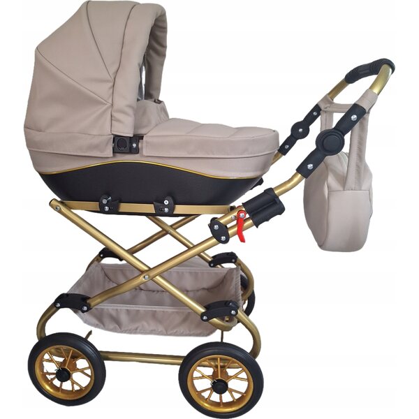 Nicol Premium Puppenwagen aus beigem Öko-Leder mit Tasche und verstellbarem Griff