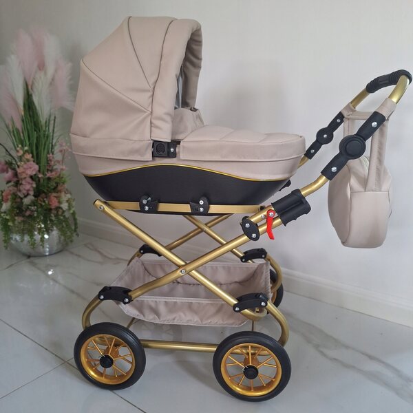 Nicol Premium Puppenwagen aus beigem Öko-Leder mit Tasche und verstellbarem Griff