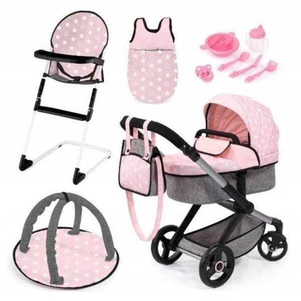 3 in 1 Bayer Design XEO Deluxe Puppenwagen mit rosa und grauen Accessoires