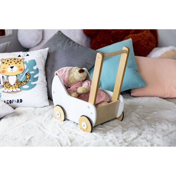 ECOTOYS Holzpuppenwagen, Schieber, Gehhilfe für Kinder ab 3 Jahren