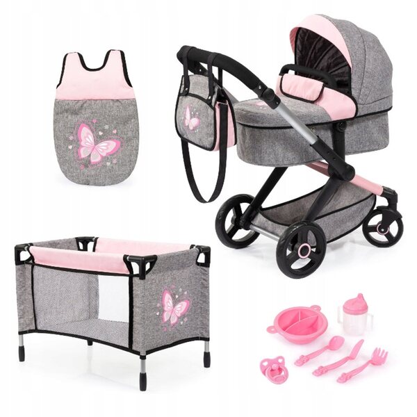 Bayer Design XEO 2 in 1: Grauer Puppenwagen mit komplettem Zubehör
