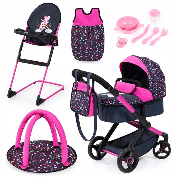 Bayer Design 3-in-1-Puppenwagen mit Sitz und Zubehör, Marineblau und Rosa
