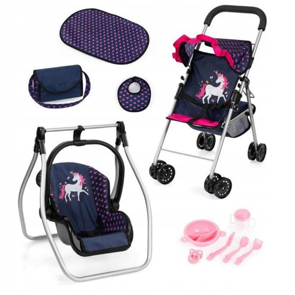 Blauer Puppenwagen von Bayer Design mit Einhorn und Zubehör für Kinder ab 18 Monaten