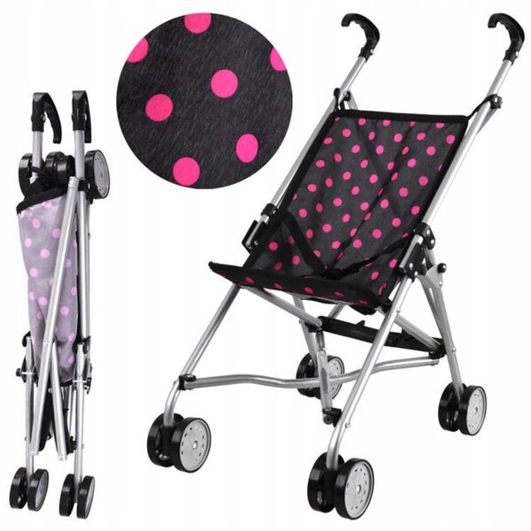 Jokomisiada Kinderwagen für Puppen, leicht und faltbar, schwarz mit rosa Punkten
