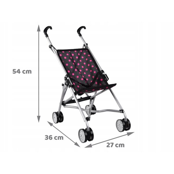 Jokomisiada Kinderwagen für Puppen, leicht und faltbar, schwarz mit rosa Punkten