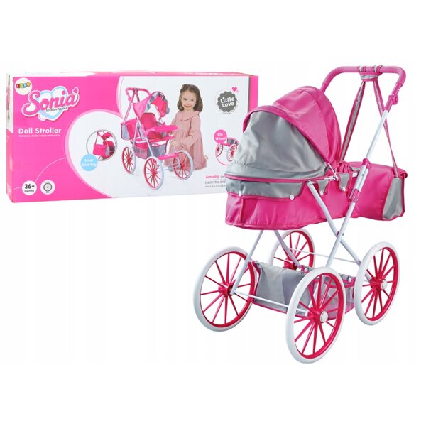 Passeggino per bambole rosa con telaio metallico, ruote grandi e borsa LEAN Toys