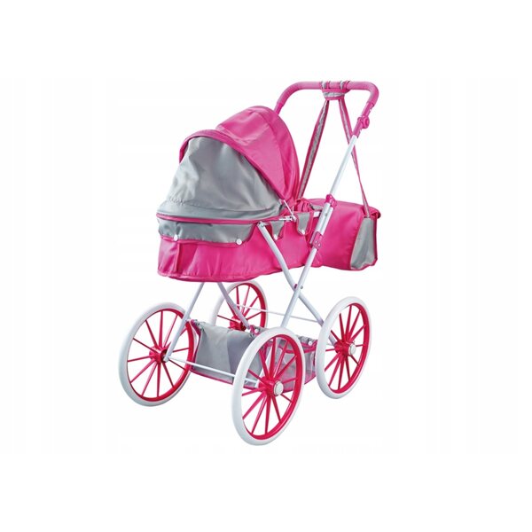 Passeggino per bambole rosa con telaio metallico, ruote grandi e borsa LEAN Toys
