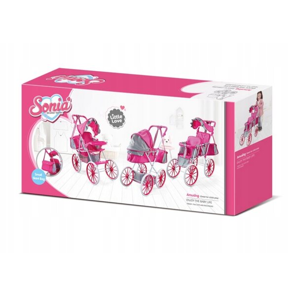 Passeggino per bambole rosa con telaio metallico, ruote grandi e borsa LEAN Toys