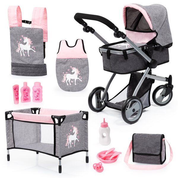 Bayer Design Mega Set 3 in 1: Kinderwagen, Kinderbett und verstellbarer Puppenhalter