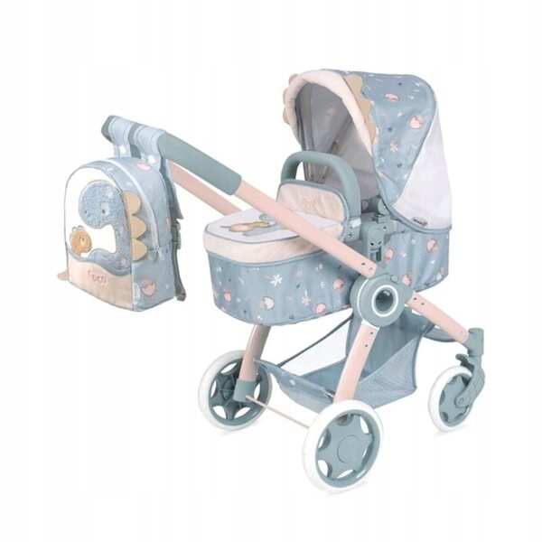 DeCuevas Coco 3-in-1-Puppenwagen, blau und weiß, mit Dinosauriermuster