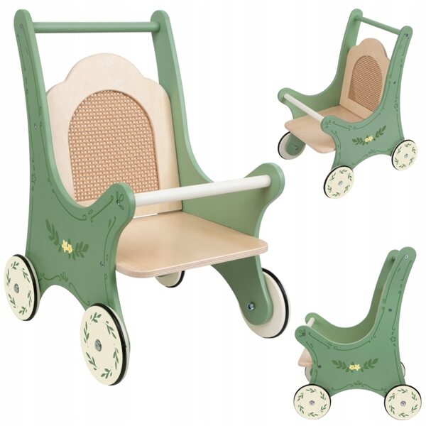 Vintage-Kinderwagen aus Holz für Classic World-Puppen mit Rattan-Rückenlehne