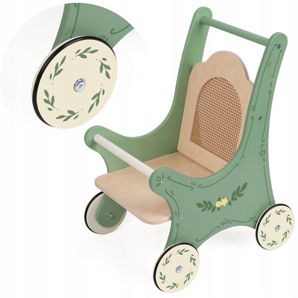 Vintage-Kinderwagen aus Holz für Classic World-Puppen mit Rattan-Rückenlehne