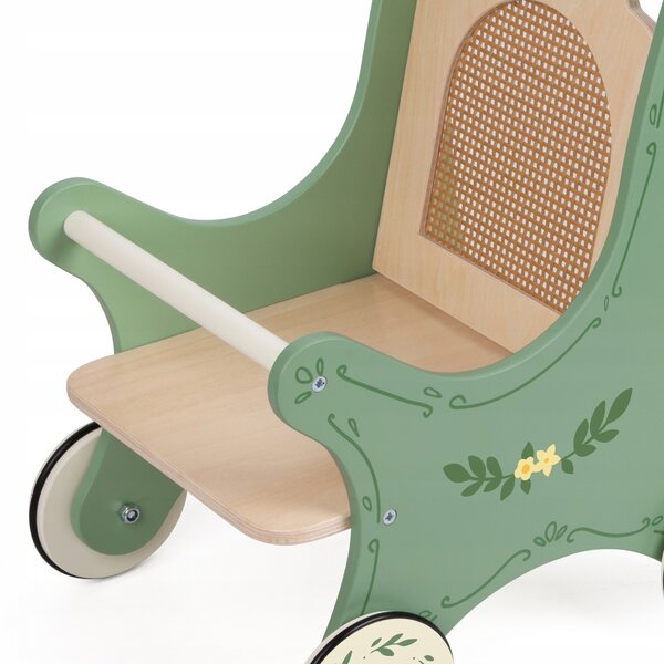 Vintage-Kinderwagen aus Holz für Classic World-Puppen mit Rattan-Rückenlehne