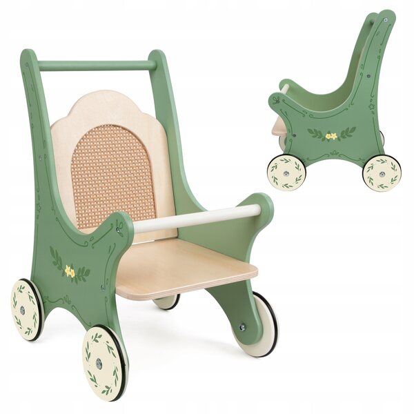 Vintage-Kinderwagen aus Holz für Classic World-Puppen mit Rattan-Rückenlehne
